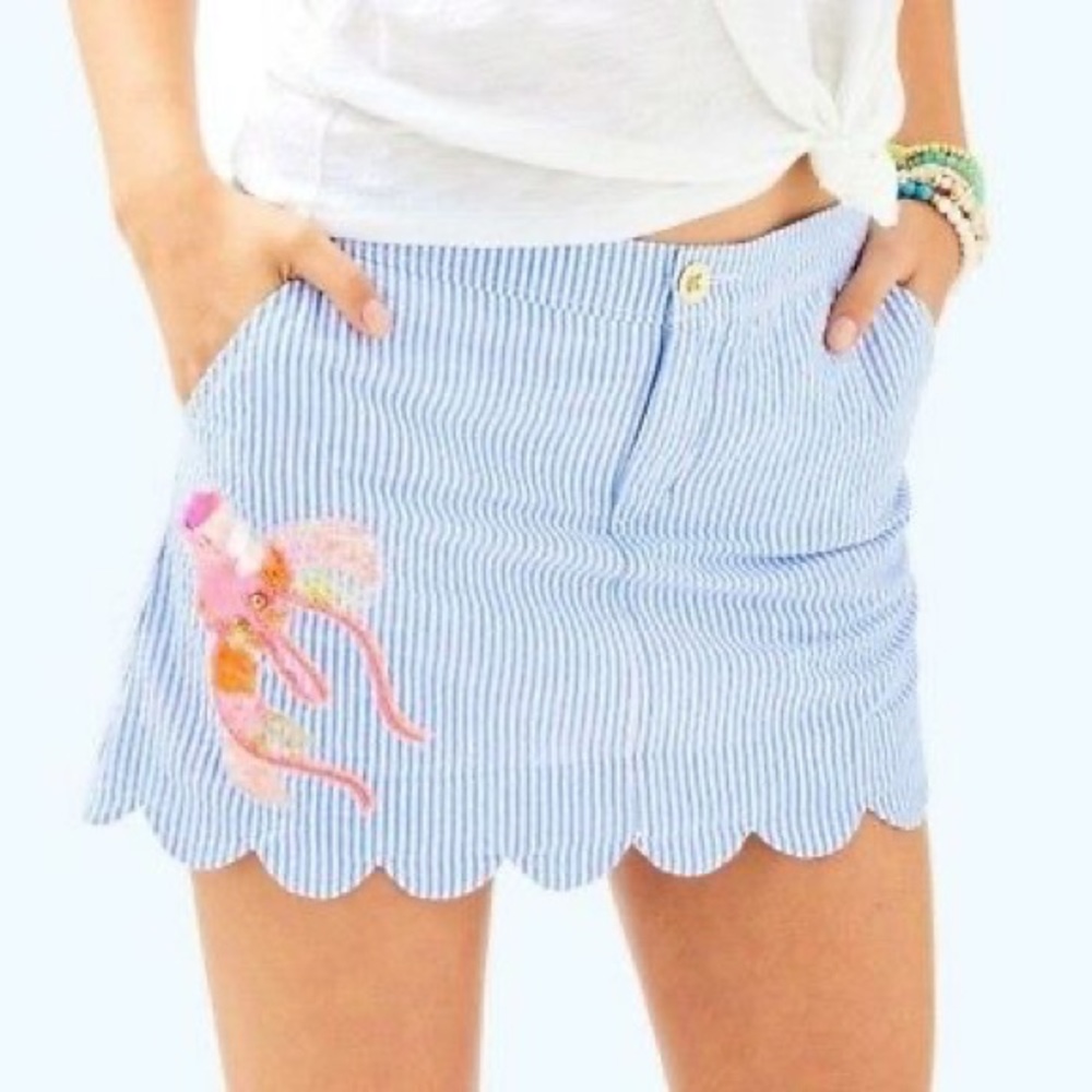 NWT lilly pulitzer colette skirt 00 seersucker blue stripe octopus sequins